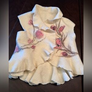 Ivory Felted Wool Floral Ruffle Vest